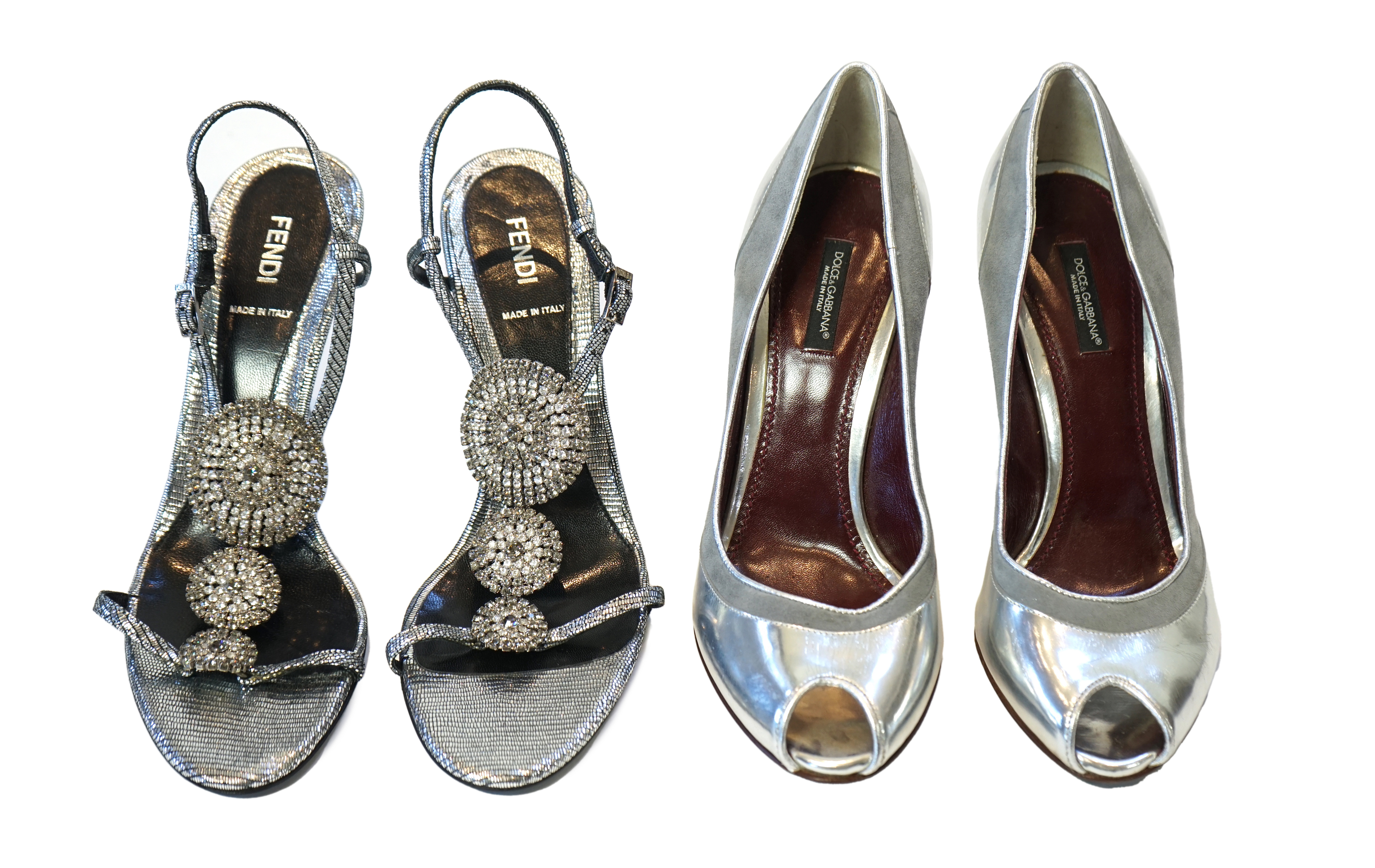 A pair of Fendi lady's metallic silver sandals with three diamante circle detail and a pair of Dolce and Gabbana silver patent leather and suede peep toe heels, size EU 39/40
